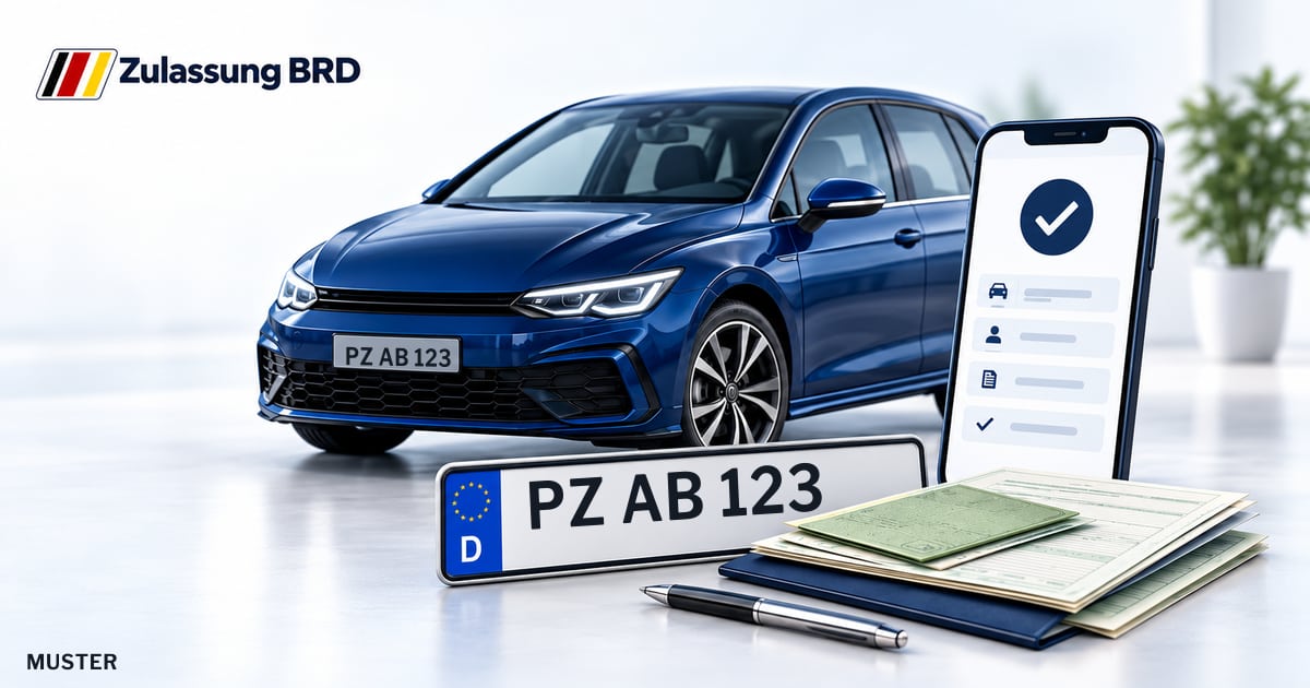 Online Fahrzeugzulassung in Schwedt/Oder: Musterkennzeichen PZ AB 123, Auto und Fahrzeugpapiere und Smartphone. Illustration mit Logo von Zulassung BRD.